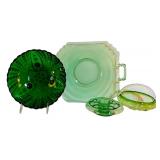 LL - Vintage Fostoria Mayfair Green Uranium Vaseline Handle Serving Plate, Anchor Hocking Green Burple Glass Bowl & More