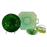 LL - Vintage Fostoria Mayfair Green Uranium Vaseline Handle Serving Plate, Anchor Hocking Green Burple Glass Bowl & More