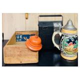 LL - Vintage Wooden Crate, German Beer Stein, Radio, and Metal Bell Lot