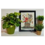 LL - Framed Floral Still Life Artwork with Faux Potted Plants Decor Set
