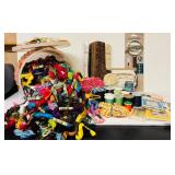 LL - Large Craft Lot with Embroidery Floss, Sewing Needles, Thread, Trims, and Yarn in Decorative Container