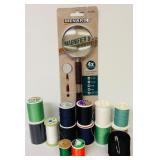 LL - Large Craft Lot with Embroidery Floss, Sewing Needles, Thread, Trims, and Yarn in Decorative Container