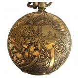 K - American Waltham Vintage Pocket Watch with Ornate Case and Chain