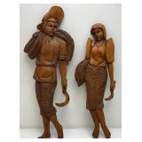 27" Vintage Hand Carved Wooden Man And Woman Harvester Figures