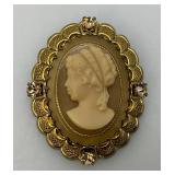 Vintage Ornate Tin Cameo Brooch 1 3/4" x 2 1/8"