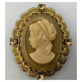 Vintage Ornate Tin Cameo Brooch 1 3/4" x 2 1/8"