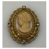 Vintage Ornate Tin Cameo Brooch 1 3/4" x 2 1/8"