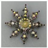 Vintage KC Aurora Borealis Rhinestone Flower Burst Brooch Silver -Tone 2 Inch