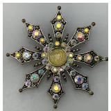 Vintage KC Aurora Borealis Rhinestone Flower Burst Brooch Silver -Tone 2 Inch