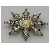Vintage KC Aurora Borealis Rhinestone Flower Burst Brooch Silver -Tone 2 Inch