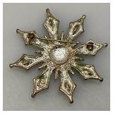 Vintage KC Aurora Borealis Rhinestone Flower Burst Brooch Silver -Tone 2 Inch