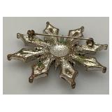 Vintage KC Aurora Borealis Rhinestone Flower Burst Brooch Silver -Tone 2 Inch