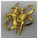 Vintage JJ Jonette Jewelry Art Deco Gold Tone Man And Woman Brooch