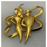 Vintage JJ Jonette Jewelry Art Deco Gold Tone Man And Woman Brooch