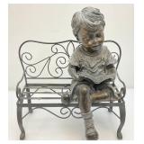Small Resin Child Figure Sitting On Metal Bench Garden Statue 8" W x 14 1/2" H x 12" L