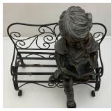 Small Resin Child Figure Sitting On Metal Bench Garden Statue 8" W x 14 1/2" H x 12" L