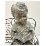 Small Resin Child Figure Sitting On Metal Bench Garden Statue 8" W x 14 1/2" H x 12" L