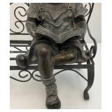 Small Resin Child Figure Sitting On Metal Bench Garden Statue 8" W x 14 1/2" H x 12" L