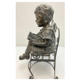 Small Resin Child Figure Sitting On Metal Bench Garden Statue 8" W x 14 1/2" H x 12" L
