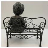 Small Resin Child Figure Sitting On Metal Bench Garden Statue 8" W x 14 1/2" H x 12" L