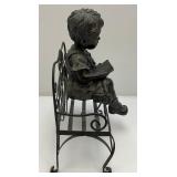 Small Resin Child Figure Sitting On Metal Bench Garden Statue 8" W x 14 1/2" H x 12" L