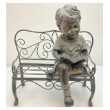 Small Resin Child Figure Sitting On Metal Bench Garden Statue 8" W x 14 1/2" H x 12" L