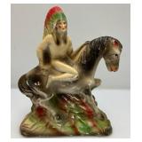 Antique Chalkware Indian Chief On Horse Sculpture 10 3/4" H  x 8 1/2" W x 2 1/2"