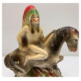 Antique Chalkware Indian Chief On Horse Sculpture 10 3/4" H  x 8 1/2" W x 2 1/2"
