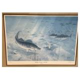 27" x 33" Framed Behind Glass Les C. Kouba Pencil Signed 98/2500 " Walleyes Feeding On The Flats" Print