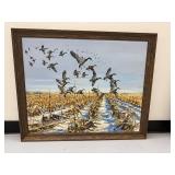 Framed Duck Painting in Snowy Cornfield - Signed by John