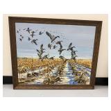 Framed Duck Painting in Snowy Cornfield - Signed by John