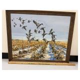 Framed Duck Painting in Snowy Cornfield - Signed by John