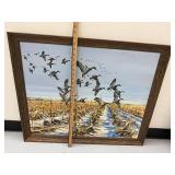 Framed Duck Painting in Snowy Cornfield - Signed by John