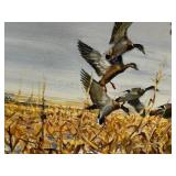 Framed Duck Painting in Snowy Cornfield - Signed by John