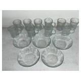 Set of 10 Glass Mugs and 5 Glass Bowls with Floral Pattern