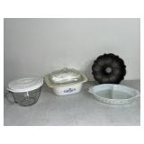 Vintage Cookware Collection: Corning Ware Dutch Oven, Pyrex Divided Dish, Bundt Pan, Pampered Chef Mixing Bowl