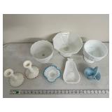 Group of 8 Vintage Milk Glass and Art Glass Bowls, Dishes, and Candle Holders