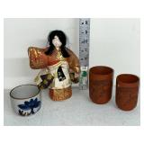 Japanese Kimono Doll with 2 Tokoname Yaki Cups and Hand Painted Tea Cup