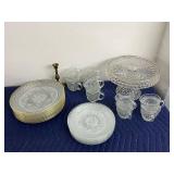 Pressed Glass Dinnerware Set with Cups, Plates, and Cake Stand