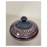 Handcrafted Blue and Brown Glazed Pottery Vase, 5 Inch Diameter