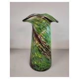 Green Swirl Art Glass Vase with Ruffled Rim, 11 Inches Tall