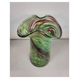 Green Swirl Art Glass Vase with Ruffled Rim, 11 Inches Tall