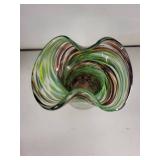 Green Swirl Art Glass Vase with Ruffled Rim, 11 Inches Tall