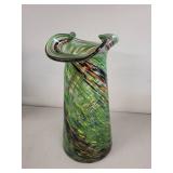 Green Swirl Art Glass Vase with Ruffled Rim, 11 Inches Tall