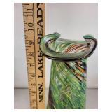 Green Swirl Art Glass Vase with Ruffled Rim, 11 Inches Tall