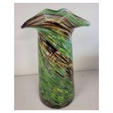 Green Swirl Art Glass Vase with Ruffled Rim, 11 Inches Tall