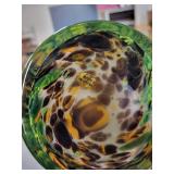 Green Swirl Art Glass Vase with Ruffled Rim, 11 Inches Tall