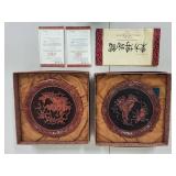 Pair of Cinnabar Decorative Plates - Five Perceptions of Weo Cho with Certificates and Boxes