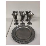 Set of 6 Vintage Pewter Goblets and 6 Scalloped Plates