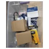 Assorted Plumbing Parts, Fittings, and Workhorse Flashlight in Storage Bin